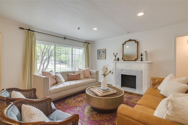 1114 Glenwood Ave, Nichols Hills, OK 73116 - living area with ornamental molding, a fireplace, wood finished floors, and recessed lighting