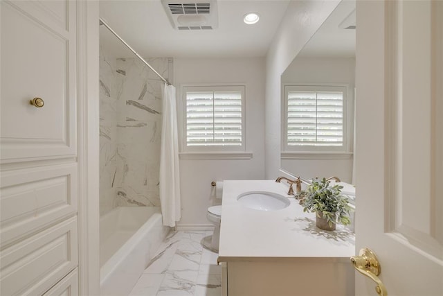 1114 Glenwood Ave, Nichols Hills, OK 73116 - bathroom featuring vanity, marble look tiles, shower / bath combo, and recessed lighting
