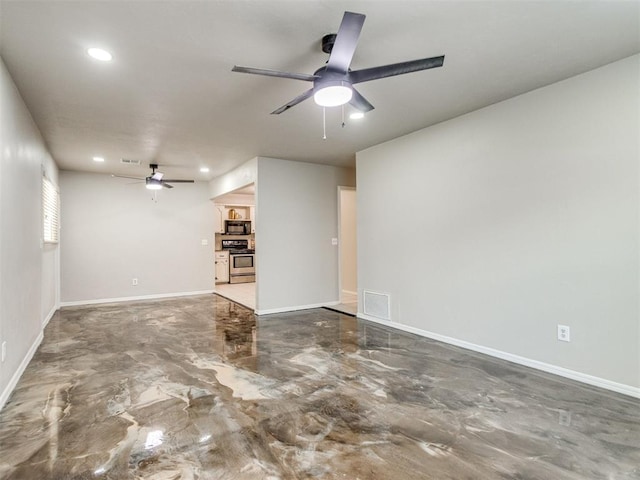 3013 Beverly Dr, Edmond, OK 73013 - unfurnished living room featuring a ceiling fan, recessed lighting, and finished concrete flooring