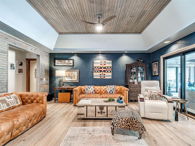 1521 Spring Creek Dr, Yukon, OK 73099 - living room with wood finished floors, wood ceiling, ceiling fan, vaulted ceiling, and a tray ceiling