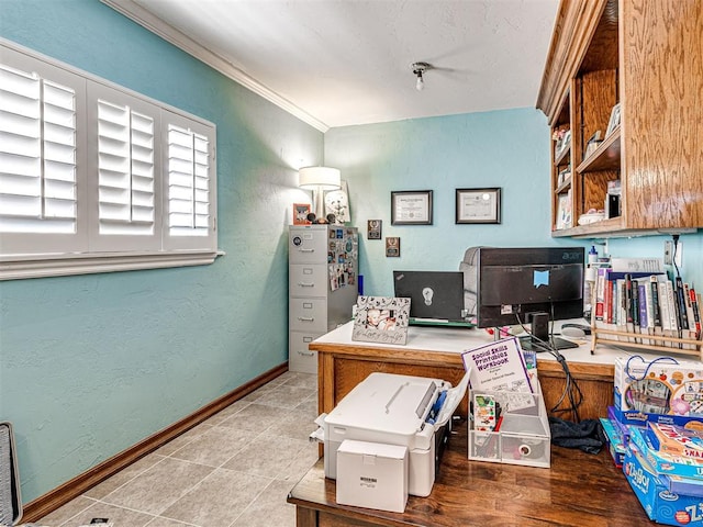 1521 Spring Creek Dr, Yukon, OK 73099 - home office featuring crown molding, a textured wall, and tile patterned floors