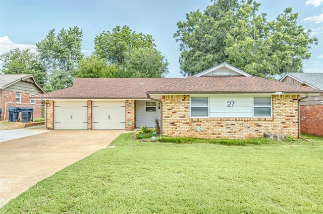 27 NE 65th St, Oklahoma City, OK 73105 - ranch-style house featuring brick siding, concrete driveway, a front yard, a garage, and roof with shingles