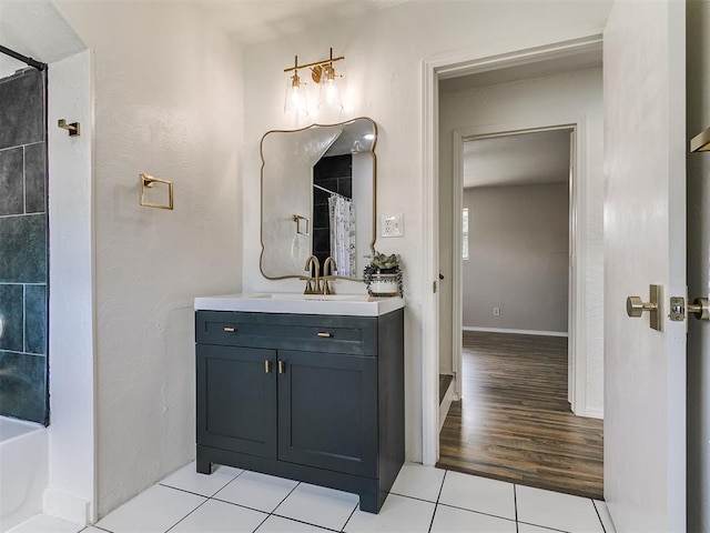 111 S Bristow Ave, Moore, OK 73160 - full bath with vanity, curtained shower, and tile patterned floors