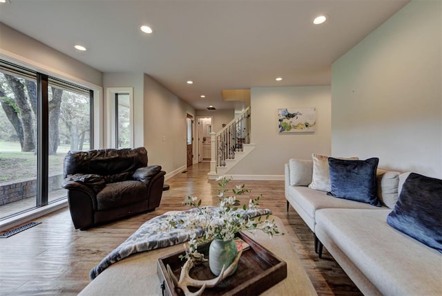 12629 Teakwood Rd, Oklahoma City, OK 73013 - living area featuring recessed lighting, stairway, and wood finished floors