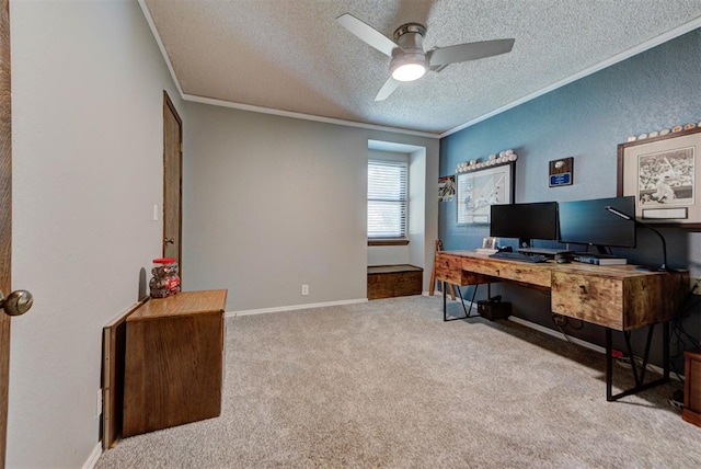12629 Teakwood Rd, Oklahoma City, OK 73013 - carpeted office space with ornamental molding, a textured ceiling, and ceiling fan