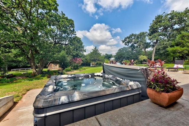 12629 Teakwood Rd, Oklahoma City, OK 73013 - view of patio / terrace featuring a covered hot tub and view of wooded area