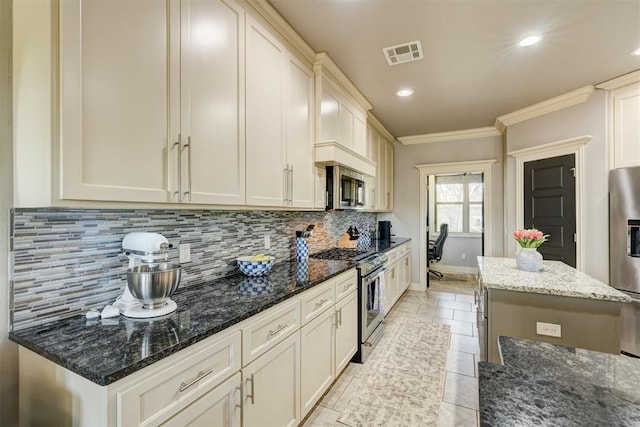 3937 NW 167th Ter, Edmond, OK 73012 - kitchen with appliances with stainless steel finishes, backsplash, crown molding, light tile patterned floors, and dark stone counters
