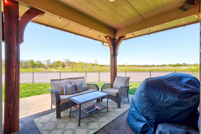 3937 NW 167th Ter, Edmond, OK 73012 - fenced backyard with a grill, a water view, a patio area, and an outdoor living space