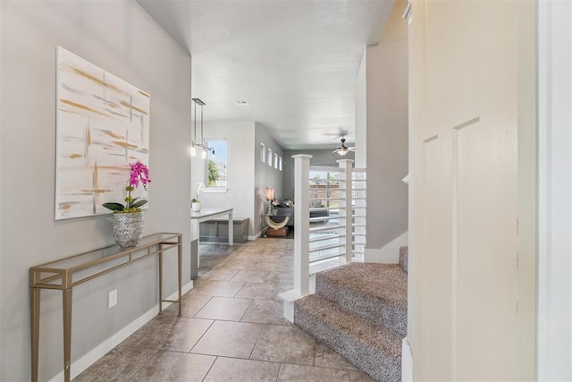 637 NW 179th Cir, Edmond, OK 73012 - tiled entrance foyer featuring stairs and a ceiling fan