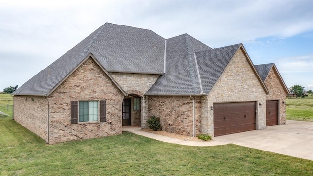 9125 NE Mustang Rd, Piedmont, OK 73078 - french country style house featuring a garage, concrete driveway, roof with shingles, and a front yard