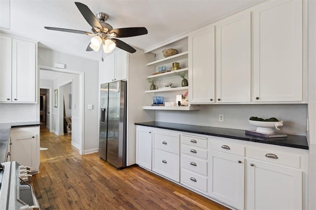 2625 Somerset Pl, Oklahoma City, OK 73116 - kitchen with stainless steel fridge, open shelves, a ceiling fan, and white cabinets