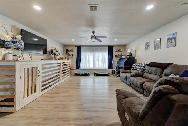 201 N English Dr, Moore, OK 73160 - living room with ceiling fan, wood finished floors, and recessed lighting