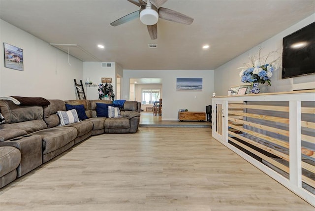 201 N English Dr, Moore, OK 73160 - living area featuring attic access, a ceiling fan, wood finished floors, and recessed lighting