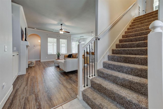 9920 NW 142nd St, Yukon, OK 73099 - stairs featuring arched walkways, ceiling fan, wood finished floors, and crown molding