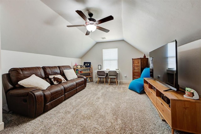 9920 NW 142nd St, Yukon, OK 73099 - living area featuring carpet, lofted ceiling, and ceiling fan