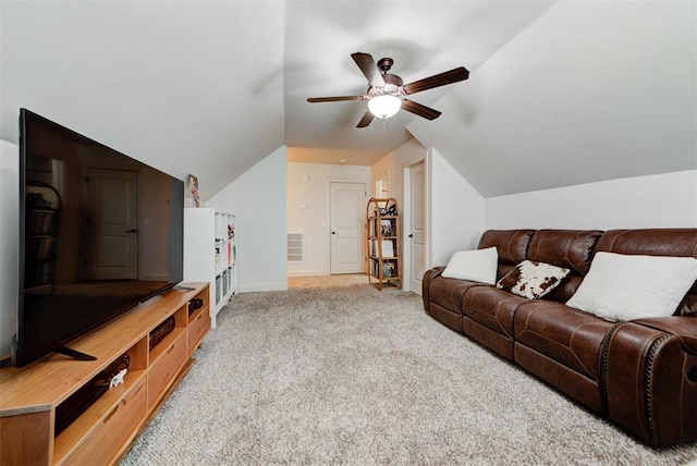 9920 NW 142nd St, Yukon, OK 73099 - living area featuring carpet, a ceiling fan, and vaulted ceiling