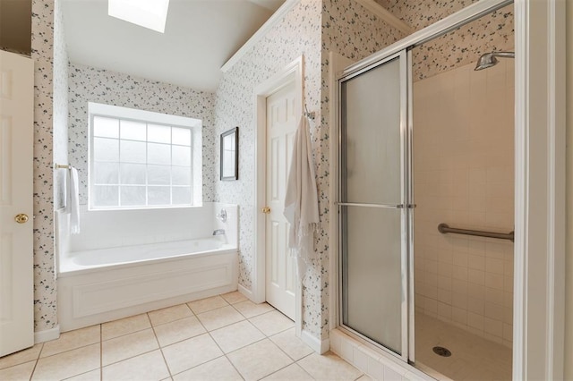 1723 Grey Hawk Rd, Edmond, OK 73003 - full bathroom with a stall shower, wallpapered walls, tile patterned flooring, and a garden tub