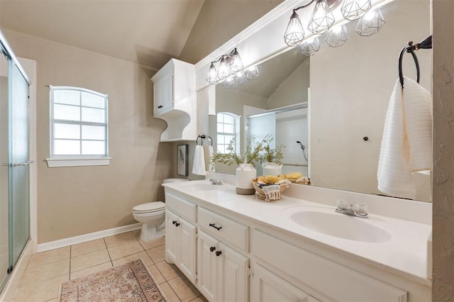 1723 Grey Hawk Rd, Edmond, OK 73003 - bathroom with lofted ceiling, a shower with shower door, double vanity, and healthy amount of natural light