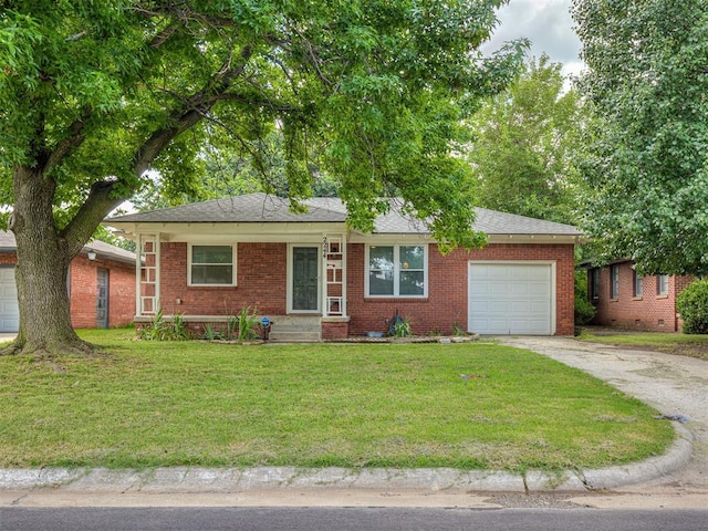 2244 Downing St, Oklahoma City, OK 73120 - ranch-style home with a garage, concrete driveway, brick siding, a front lawn, and a shingled roof