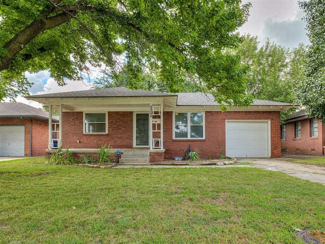 2244 Downing St, Oklahoma City, OK 73120 - ranch-style home featuring an attached garage, brick siding, a front lawn, and concrete driveway