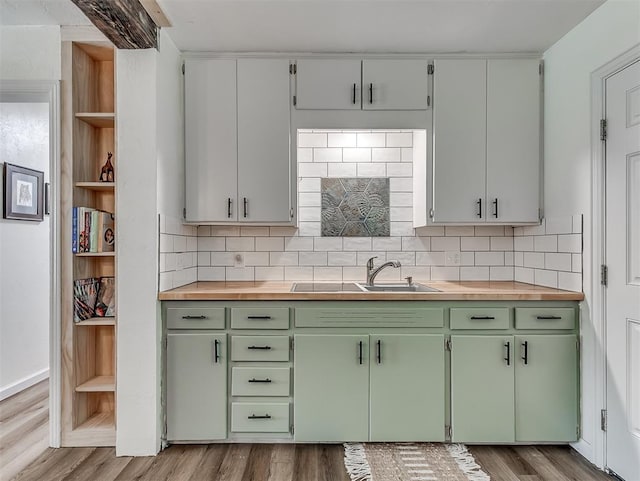 2244 Downing St, Oklahoma City, OK 73120 - kitchen featuring green cabinets, wood finished floors, decorative backsplash, and butcher block countertops