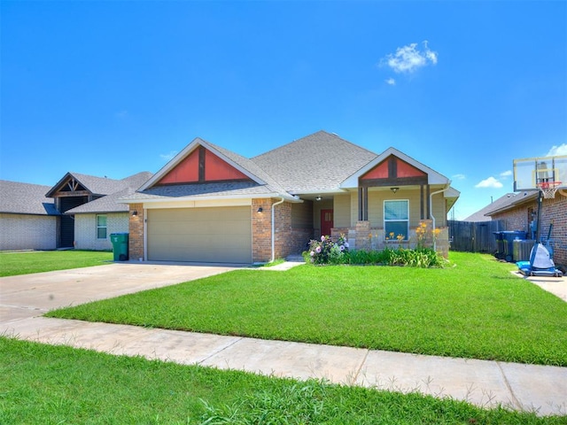 2208 Rivera Rd, Yukon, OK 73099 - craftsman inspired home featuring an attached garage, driveway, brick siding, and roof with shingles