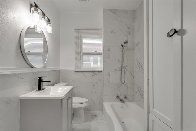 1617 NW 31st St, Oklahoma City, OK 73118 - bathroom featuring marble finish flooring, vanity, shower / bath combination, and a wainscoted wall