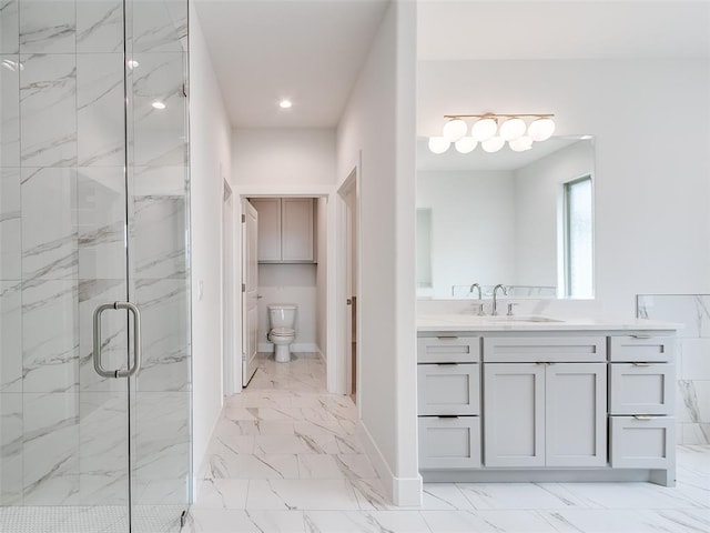 208 Pont Neuf Ct, Edmond, OK 73034 - bathroom with marble look tile flooring, a marble finish shower, vanity, and recessed lighting