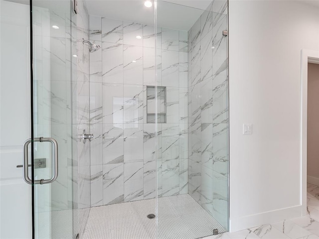 208 Pont Neuf Ct, Edmond, OK 73034 - full bathroom with a shower stall, marble finish flooring, and recessed lighting