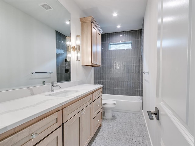 208 Pont Neuf Ct, Edmond, OK 73034 - full bathroom with vanity,  shower combination, speckle patterned floor, and recessed lighting