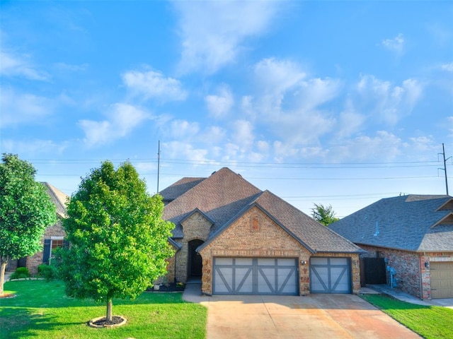 3205 NW 192nd Ter, Edmond, OK 73012 - view of front of home with a front lawn, concrete driveway, brick siding, an attached garage, and a shingled roof