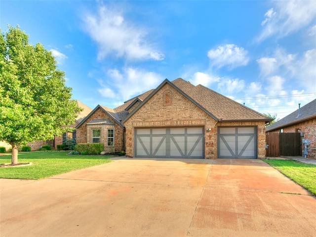 3205 NW 192nd Ter, Edmond, OK 73012 - tudor home featuring a garage, a shingled roof, concrete driveway, and brick siding
