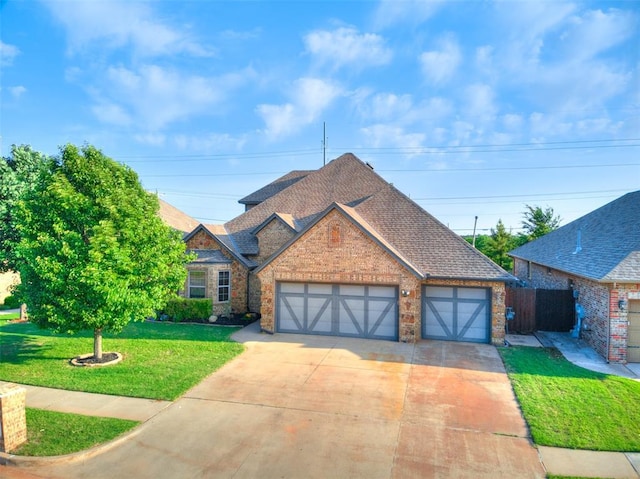3205 NW 192nd Ter, Edmond, OK 73012 - tudor house featuring brick siding, a garage, roof with shingles, and driveway
