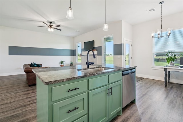 2316 Dixie Dr, Blanchard, OK 73010 - kitchen featuring green cabinetry, stainless steel dishwasher, and dark wood-type flooring