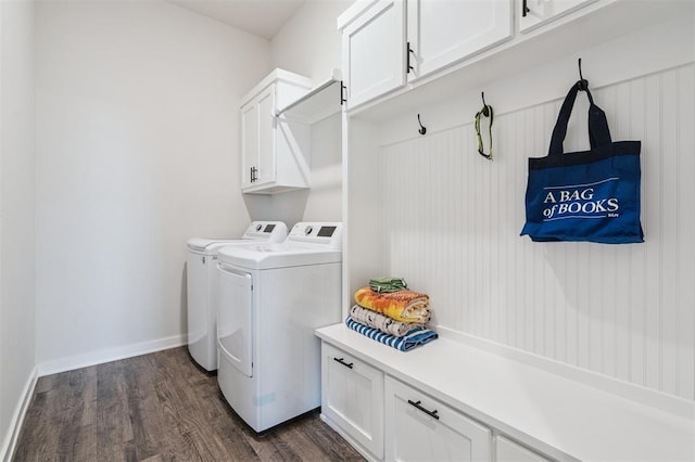 2316 Dixie Dr, Blanchard, OK 73010 - laundry room with washing machine and dryer, cabinet space, and dark wood-style flooring