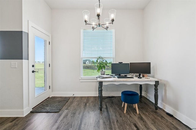 2316 Dixie Dr, Blanchard, OK 73010 - office area featuring dark wood-style flooring and a chandelier