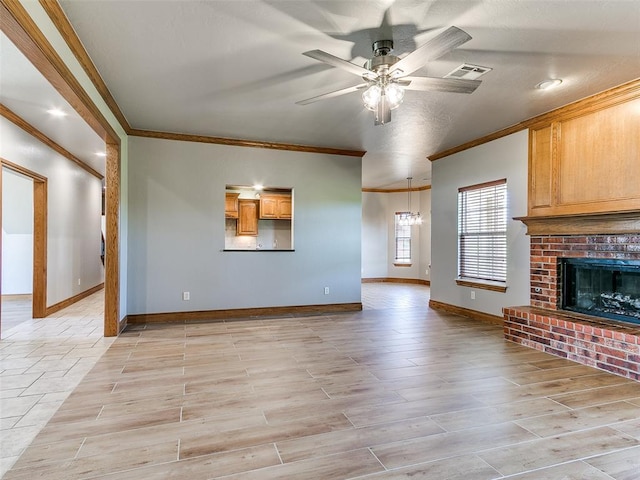 4813 SE 28th St, Oklahoma City, OK 73165 - unfurnished living room featuring ornamental molding, a ceiling fan, and a brick fireplace