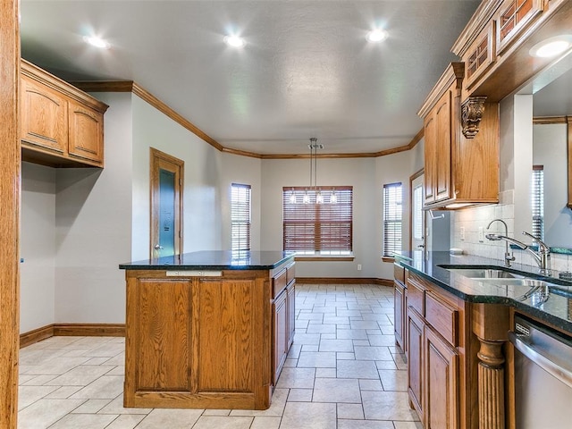 4813 SE 28th St, Oklahoma City, OK 73165 - kitchen with dishwasher, a kitchen island, dark stone counters, brown cabinets, and crown molding