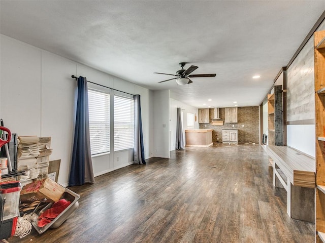 27795 N 2880th Rd, Kingfisher, OK 73750 - unfurnished living room with dark wood-style floors, a ceiling fan, and recessed lighting