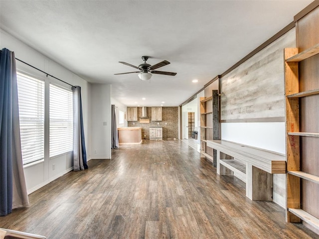 27795 N 2880th Rd, Kingfisher, OK 73750 - unfurnished living room featuring dark wood-style floors, a ceiling fan, and recessed lighting