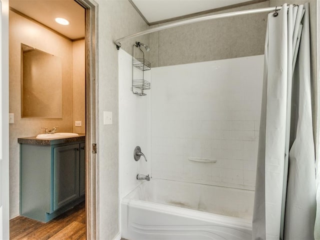 27795 N 2880th Rd, Kingfisher, OK 73750 - full bathroom with shower / tub combo with curtain, wood finished floors, and vanity