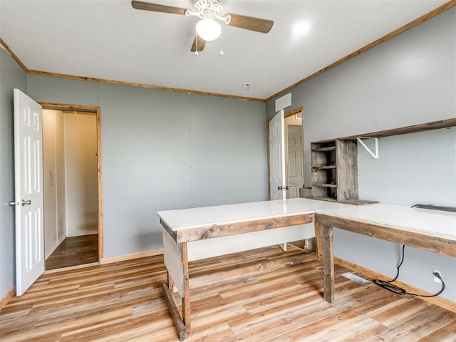 27795 N 2880th Rd, Kingfisher, OK 73750 - unfurnished office with ornamental molding, a ceiling fan, and light wood-style flooring