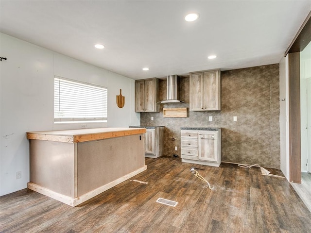 27795 N 2880th Rd, Kingfisher, OK 73750 - kitchen with wall chimney range hood, dark wood finished floors, and recessed lighting