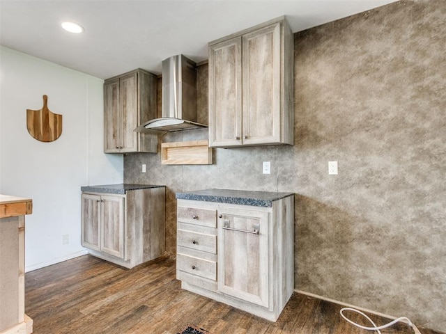 27795 N 2880th Rd, Kingfisher, OK 73750 - kitchen featuring wall chimney range hood, dark wood-style flooring, dark countertops, and recessed lighting