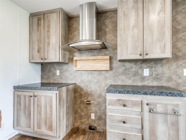 27795 N 2880th Rd, Kingfisher, OK 73750 - kitchen featuring wall chimney range hood, dark countertops, dark wood finished floors, and light brown cabinetry