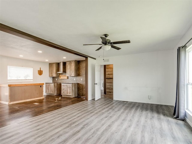 27795 N 2880th Rd, Kingfisher, OK 73750 - unfurnished living room with dark wood-style flooring, ceiling fan, and recessed lighting