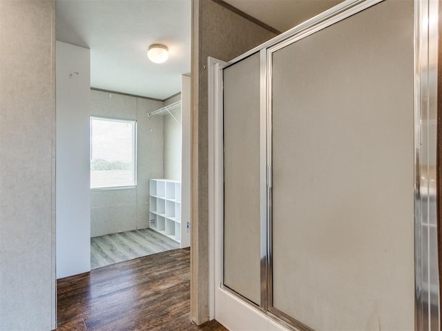27795 N 2880th Rd, Kingfisher, OK 73750 - bathroom featuring wood finished floors and a shower with shower door