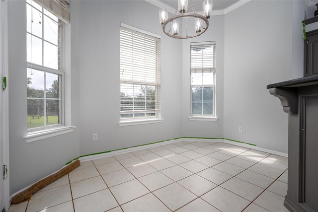 7712 Timber Creek Dr, Choctaw, OK 73020 - unfurnished dining area featuring crown molding, plenty of natural light, a chandelier, and light tile patterned floors