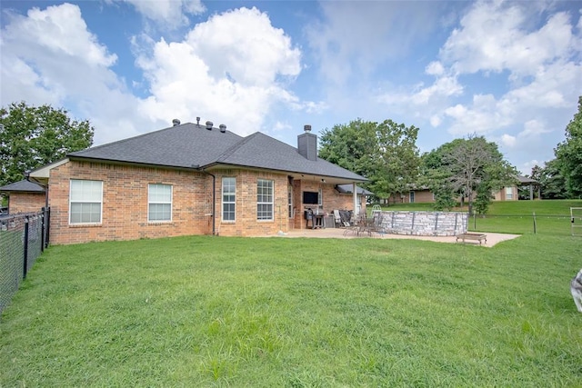 7712 Timber Creek Dr, Choctaw, OK 73020 - back of property with a patio, a fenced backyard, brick siding, and a chimney