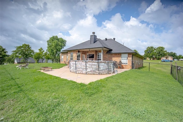 7712 Timber Creek Dr, Choctaw, OK 73020 - back of property featuring a patio, brick siding, a fenced backyard, a chimney, and a shingled roof